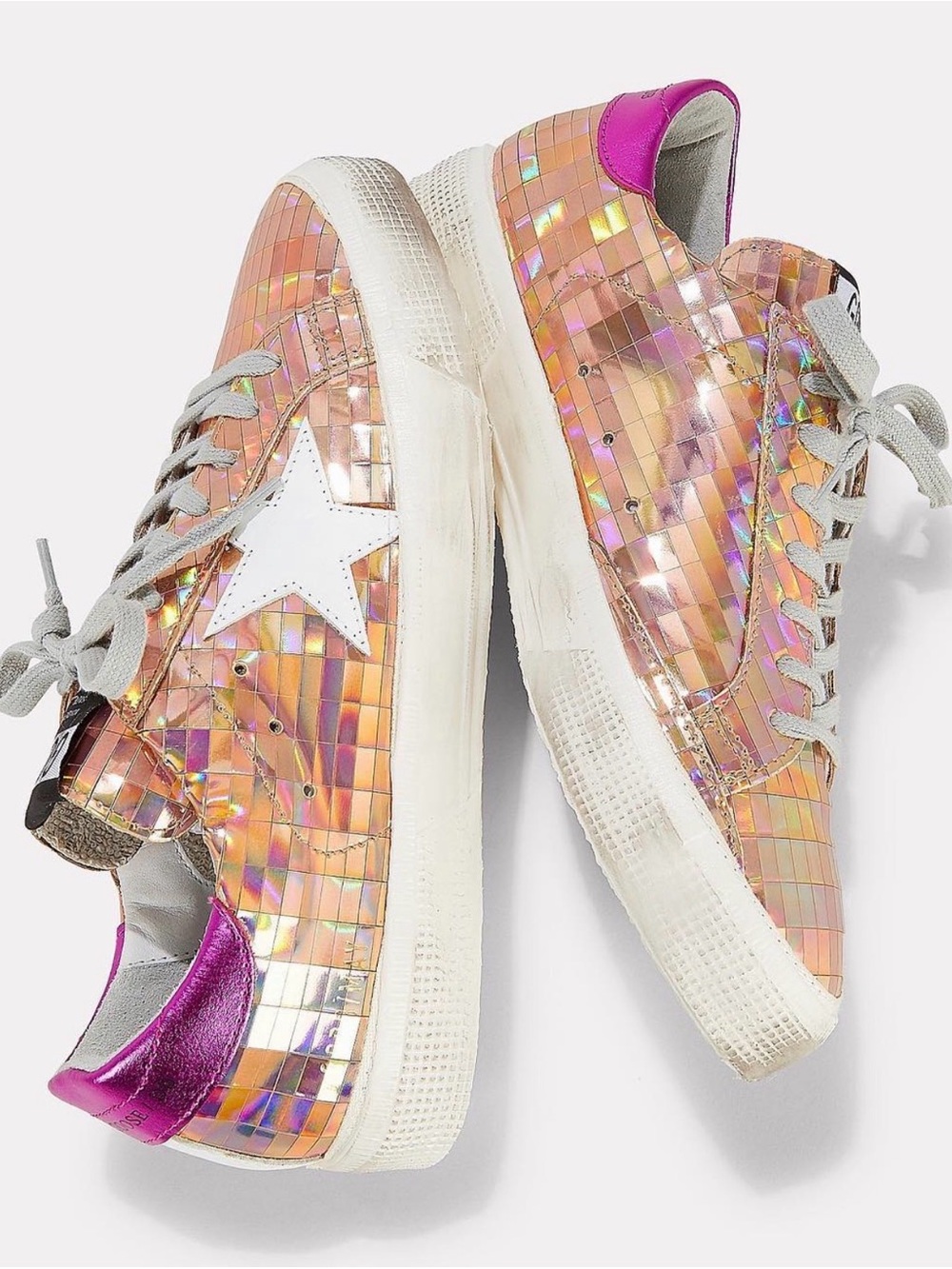 Golden Goose Iridescent Mosaic Low-Top Sneakers with White Star and Magenta Heel